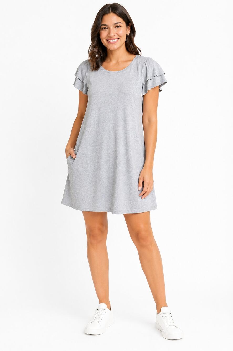 Love Riche Women’s Ruffle Sleeve Casual Cotton Dress - Size Small, Light Gray